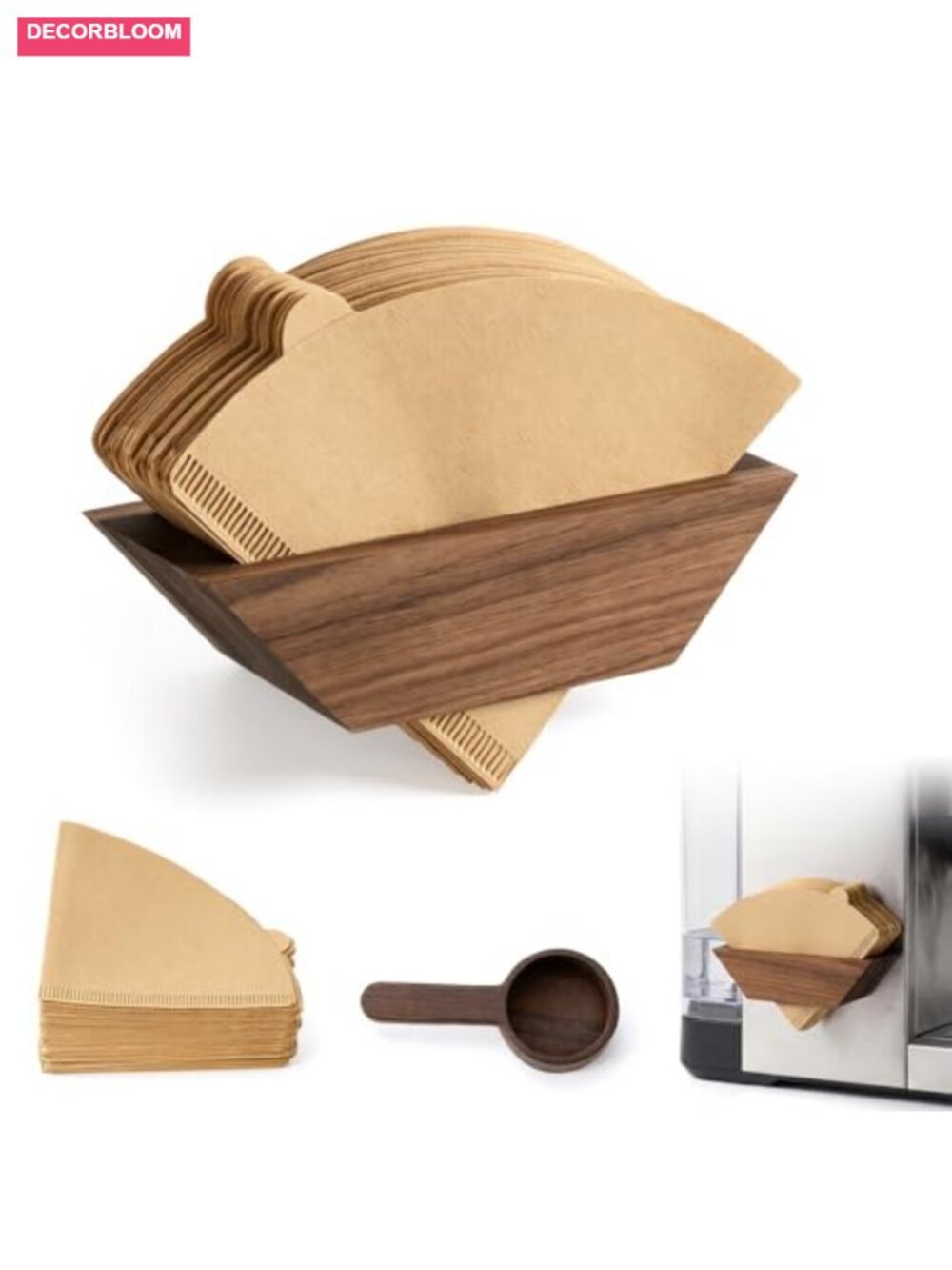 Magnetic Walnut Wood Coffee Filter Holder Set with 100 Filters & Spoon - Picture 1 of 6